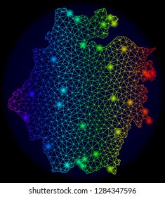 Bright mesh vector map of Zhejiang Province with glare effect. Light spots have bright rainbow colors. Abstract lines, triangles, glare spots on a dark background with map of Zhejiang Province.