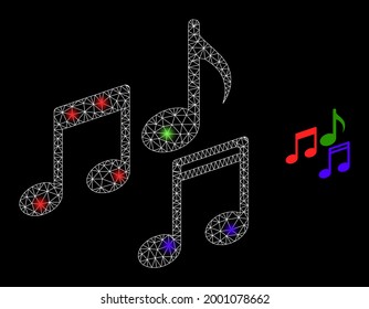 Bright mesh vector melody notes with glare effect. White mesh, glare spots on a black background with melody notes icon. Mesh and glare elements are placed on different layers.