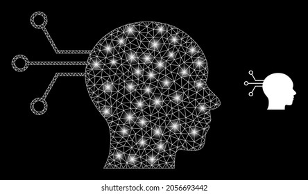 Bright mesh vector mental interface with glare effect. White mesh, glare spots on a black background with mental interface icon. Mesh and glowing elements are placed on different layers.