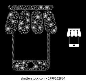 Bright mesh vector mobile shop with glare effect. White mesh, bright spots on a black background with mobile shop icon. Mesh and glowing elements are placed on different layers.