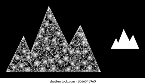 Bright mesh vector mountains with glare effect. White mesh, glare spots on a black background with mountains icon. Mesh and glare elements are placed on different layers.