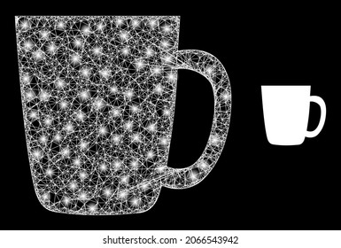 Bright mesh vector mug with glare effect. White mesh, bright spots on a black background with mug icon. Mesh and glowing elements are placed on different layers.