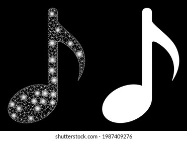Bright mesh vector music note with glow effect. White mesh, bright spots on a black background with music note icon. Mesh and lightspot elements are placed on different layers.