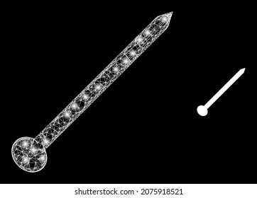 Bright mesh vector needle with glare effect. White mesh, bright spots on a black background with needle icon. Mesh and glare elements are placed on different layers.