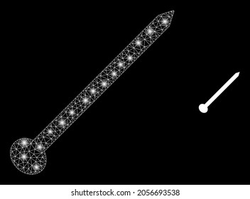 Bright mesh vector needle with glow effect. White mesh, glare spots on a black background with needle icon. Mesh and glare elements are placed on different layers.