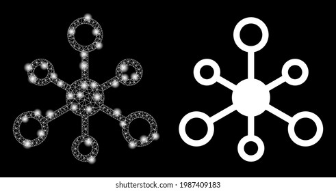 Bright mesh vector network with glare effect. White mesh, glare spots on a black background with network icon. Mesh and glare elements are placed on different layers.