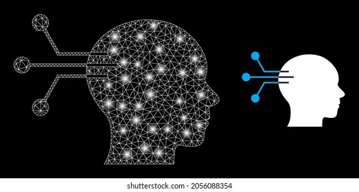 Bright mesh vector neural interface with glare effect. White mesh, glare spots on a black background with neural interface icon. Mesh and glare elements are placed on different layers.