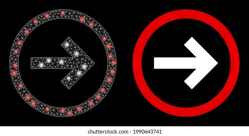 Bright mesh vector next with glare effect. White mesh, bright spots on a black background with next icon. Mesh and lightspot elements are placed on different layers.