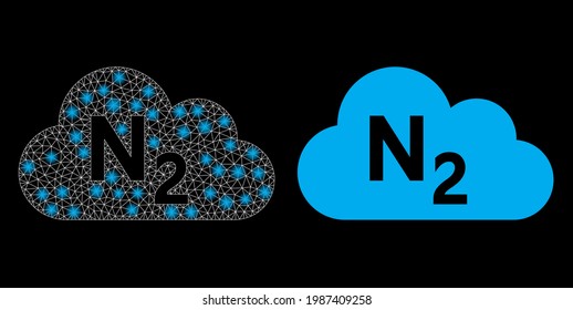 Bright mesh vector nitrogen gas with glare effect. White mesh, bright spots on a black background with nitrogen gas icon. Mesh and glare elements are placed on different layers.