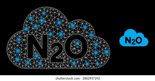 Bright mesh vector nitrous oxide gas with glare effect. White mesh, glare spots on a black background with nitrous oxide gas icon. Mesh and glare elements are placed on different layers.