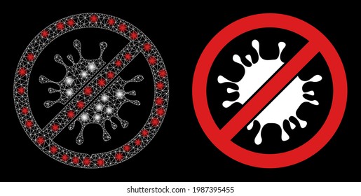 Bright mesh vector no coronavirus with glow effect. White mesh, glare spots on a black background with no coronavirus icon. Mesh and glare elements are placed on different layers.