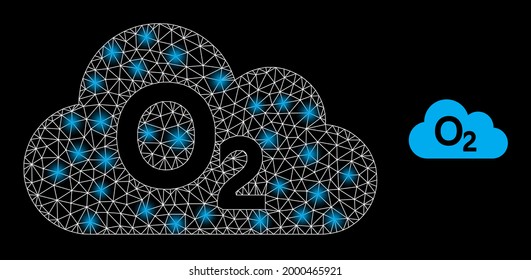 Bright mesh vector oxygen gas with glare effect. White mesh, bright spots on a black background with oxygen gas icon. Mesh and glare elements are placed on different layers.
