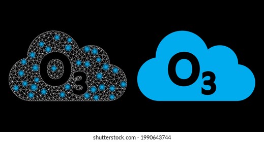 Bright mesh vector ozone gas with glow effect. White mesh, bright spots on a black background with ozone gas icon. Mesh and glare elements are placed on different layers.