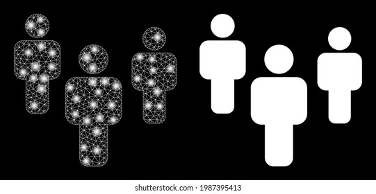 Bright mesh vector people with glare effect. White mesh, light spots on a black background with people icon. Mesh and glare elements are placed on different layers.