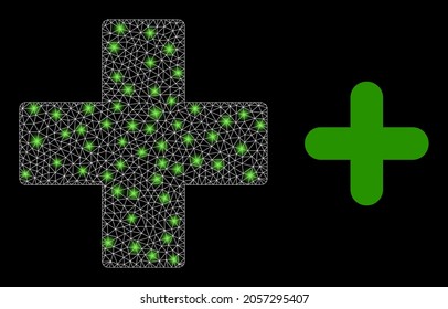 La farmacia vectorial de malla brillante con efecto de brillo. Malla blanca, manchas brillantes sobre un fondo negro con icono de la cruz de la farmacia. Los elementos de malla y resplandor se colocan en diferentes capas.