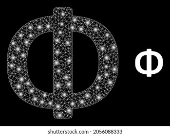 Bright mesh vector Phi Greek symbol with glare effect. White mesh, bright spots on a black background with Phi Greek symbol icon. Mesh and glowing elements are placed on different layers.
