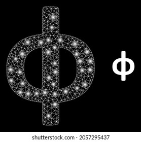 Bright mesh vector Phi Greek lowercase symbol with glare effect. White mesh, light spots on a black background with Phi Greek lowercase symbol icon.