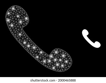 Bright mesh vector phone receiver with glare effect. White mesh, bright spots on a black background with phone receiver icon. Mesh and lightspot elements are placed on different layers.