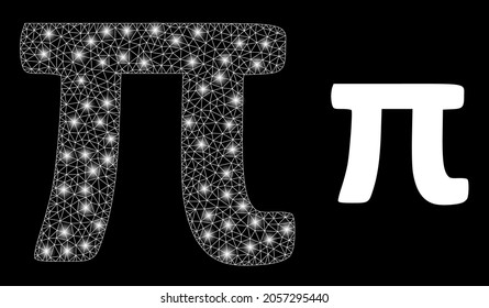 Bright mesh vector Pi Greek lowercase symbol with glow effect. White mesh, bright spots on a black background with Pi Greek lowercase symbol icon.