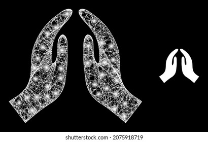 Bright mesh vector pray hands with glow effect. White mesh, glare spots on a black background with pray hands icon. Mesh and glare elements are placed on different layers.