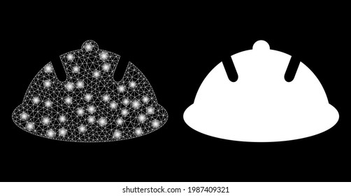 Bright mesh vector protective helmet with glare effect. White mesh, glare spots on a black background with protective helmet icon. Mesh and glowing elements are placed on different layers.