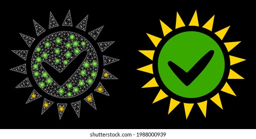 Pulsación vectorial de malla brillante sí con efecto de resplandor. Malla blanca, puntos brillantes sobre un fondo negro con el icono de pulsar sí. La malla y los elementos brillantes se colocan en diferentes capas.