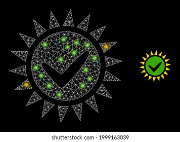 Bright mesh vector push yes with glow effect. White mesh, glare spots on a black background with push yes icon. Mesh and glare elements are placed on different layers.