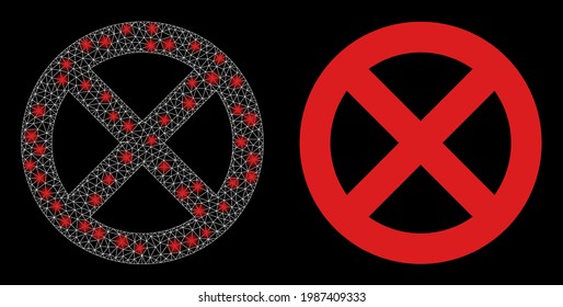 Bright mesh vector restrict with glare effect. White mesh, glare spots on a black background with restrict icon. Mesh and glare elements are placed on different layers.