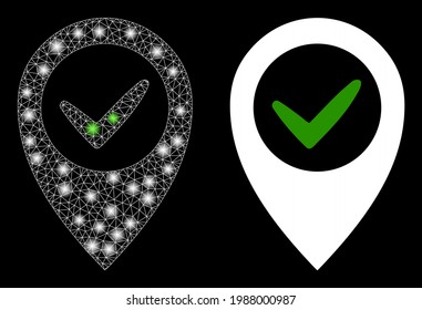 Lugar derecho vectorial de malla brillante con efecto de resplandor. Malla blanca, manchas de luz sobre un fondo negro con el icono del lugar derecho. Los elementos de malla y resplandor se colocan en diferentes capas.