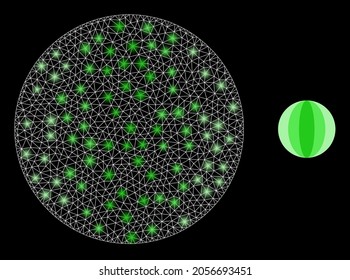Helle Mesh-Vektorrundkugel mit glattem Effekt. Weiße Maschen, glatte Flecken auf schwarzem Hintergrund mit rundem Kugel-Symbol. Mesh- und Glühelemente werden auf verschiedene Ebenen platziert.