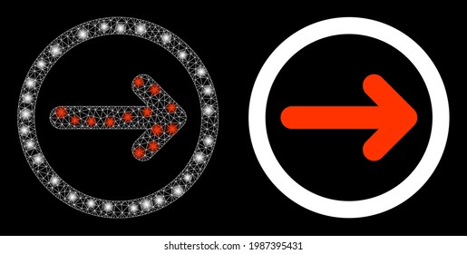 Bright mesh vector rounded right arrow with glare effect. White mesh, bright spots on a black background with rounded right arrow icon. Mesh and glare elements are placed on different layers.