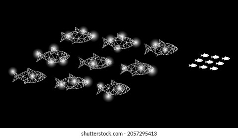 Bright mesh vector school of fish with glare effect. White mesh, bright spots on a black background with school of fish icon. Mesh and glare elements are placed on different layers.