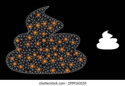 Malla brillante caca vectorial con efecto de resplandor. Malla blanca, manchas brillantes en un fondo negro con un icono de mierda. La malla y los elementos brillantes se colocan en diferentes capas.