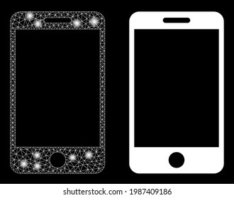Bright mesh vector smartphone with glare effect. White mesh, light spots on a black background with smartphone icon. Mesh and glare elements are placed on different layers.