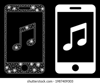 Música de smartphones con vector de malla brillante con efecto de brillo. Malla blanca, puntos brillantes en un fondo negro con un icono de música para smartphones. Los elementos de malla y resplandor se colocan en diferentes capas.
