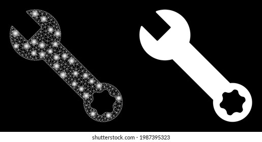 Espanner vector de malla brillante con efecto de resplandor. Malla blanca, manchas de flash sobre un fondo negro con un icono de spanner. Los elementos de malla y resplandor se colocan en diferentes capas.