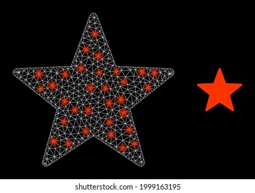 Bright mesh vector star with glare effect. White mesh, glare spots on a black background with star icon. Mesh and lightspot elements are placed on different layers.