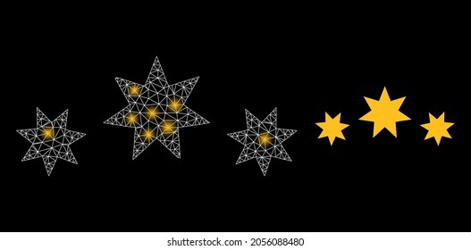 Nivel de estrella del vector de malla brillante con efecto de resplandor. Malla blanca, puntos de brillo en un fondo negro con icono de nivel estrella. Los elementos de malla y resplandor se colocan en diferentes capas.