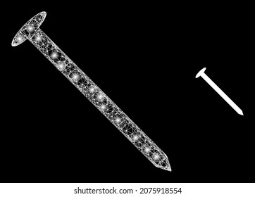 Alma de acero vectorial de malla brillante con efecto de resplandor. Malla blanca, manchas brillantes sobre un fondo negro con un icono de clavo de acero. Los elementos de malla y resplandor se colocan en diferentes capas.