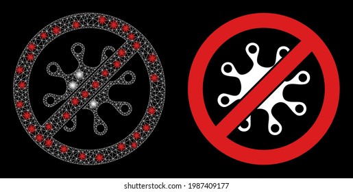 Helle Maschen, Vektorpflaster stoppen Infektion mit Glühwirkung. Weiße Maschen, glatte Flecken auf schwarzem Hintergrund mit Stoppsymbol für Infektionen. Mesh- und Glanzelemente werden auf verschiedene Ebenen platziert.