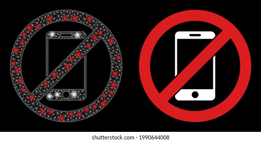 Bright mesh vector stop smartphone with glare effect. White mesh, bright spots on a black background with stop smartphone icon. Mesh and lightspot elements are placed on different layers.