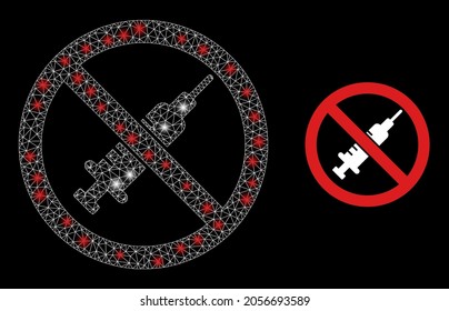 Helle Maschen Vektor Stopp-Impfstoff mit glatter Wirkung. Weiße Maschen, helle Flecken auf schwarzem Hintergrund mit Stopp-Impfstoff-Symbol. Mesh- und Glanzelemente werden auf verschiedene Ebenen platziert.