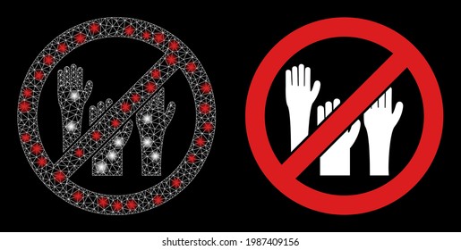 Bright mesh vector stop voting hands with glow effect. White mesh, glare spots on a black background with stop voting hands icon. Mesh and glare elements are placed on different layers.
