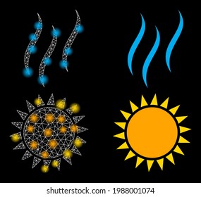 Bright mesh vector sun warm with glow effect. White mesh, glare spots on a black background with sun warm icon. Mesh and glare elements are placed on different layers.