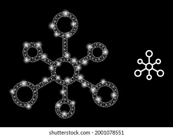 Bright mesh vector system links with glow effect. White mesh, bright spots on a black background with system links icon. Mesh and lightspot elements are placed on different layers.