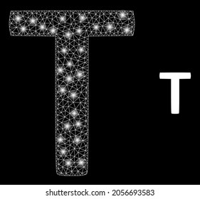 Bright mesh vector Tau Greek letter with glare effect. White mesh, glare spots on a black background with Tau Greek letter icon. Mesh and glare elements are placed on different layers.