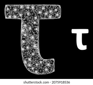 Bright mesh vector Tau Greek lowercase letter with glare effect. White mesh, glare spots on a black background with Tau Greek lowercase letter icon.