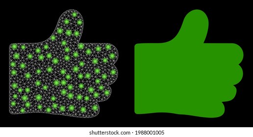 Bright mesh vector thumb like with glare effect. White mesh, bright spots on a black background with thumb like icon. Mesh and glowing elements are placed on different layers.