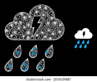 Bright mesh vector thunder cloud with glare effect. White mesh, bright spots on a black background with thunder cloud icon. Mesh and glowing elements are placed on different layers.