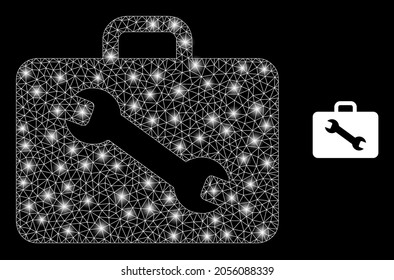 Maletín de herramienta vectorial de malla brillante con efecto de resplandor. Malla blanca, puntos brillantes sobre un fondo negro con el icono de la caja de herramientas. La malla y los elementos brillantes se colocan en diferentes capas.